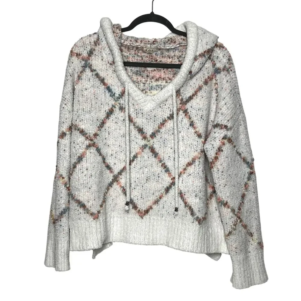 POL Knit Hoodie Sweater Size Small V-Neck Pullover Diamond Pattern